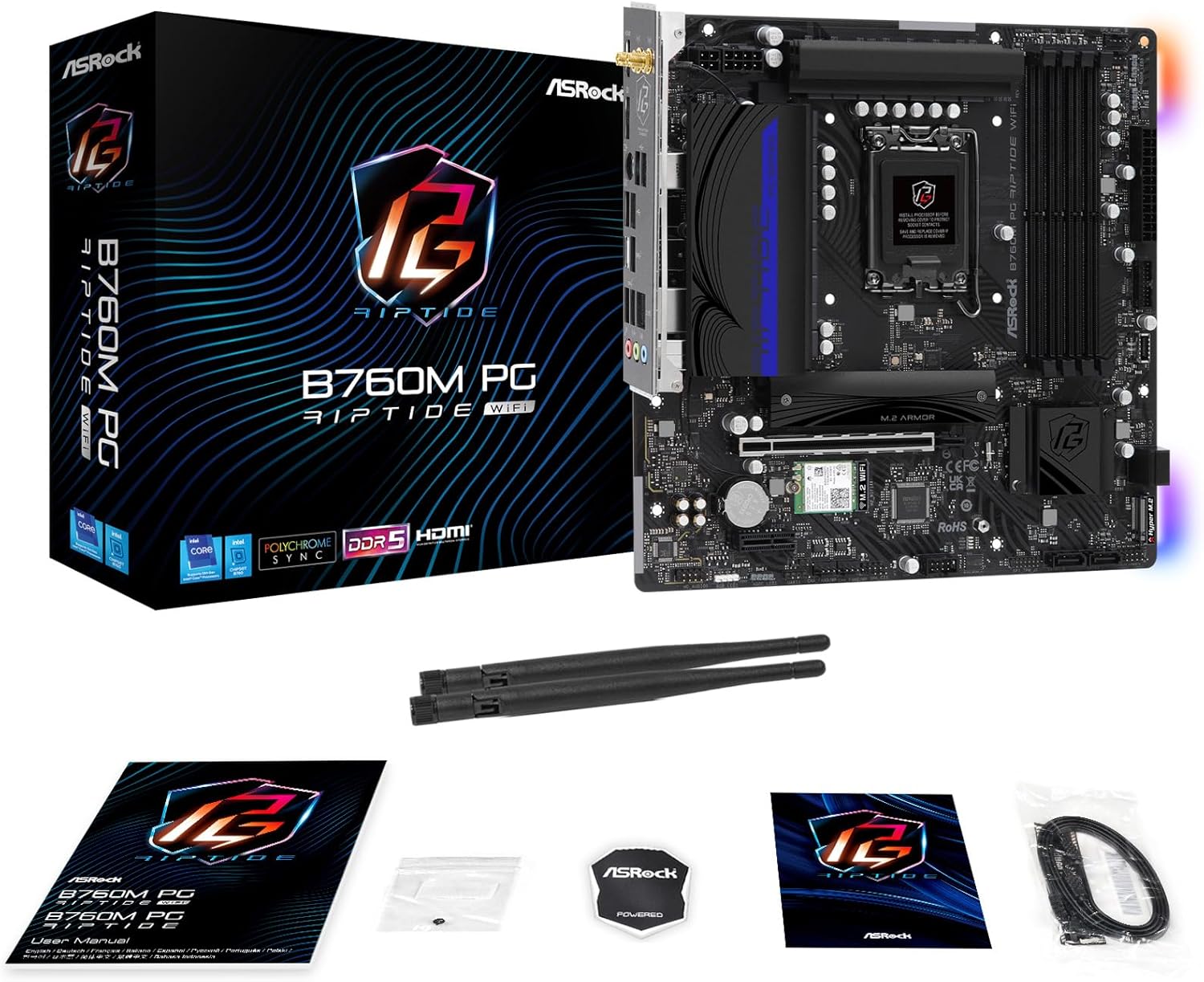 ASRock B760M PG Riptide WiFi Micro-ATX Motherboard | Supports 14th/13th/12th Gen Intel | DDR5 7200+ (OC) | WiFi 6E | 2.5G LAN | 14+1+1 Power Phase | Front & Rear USB-C