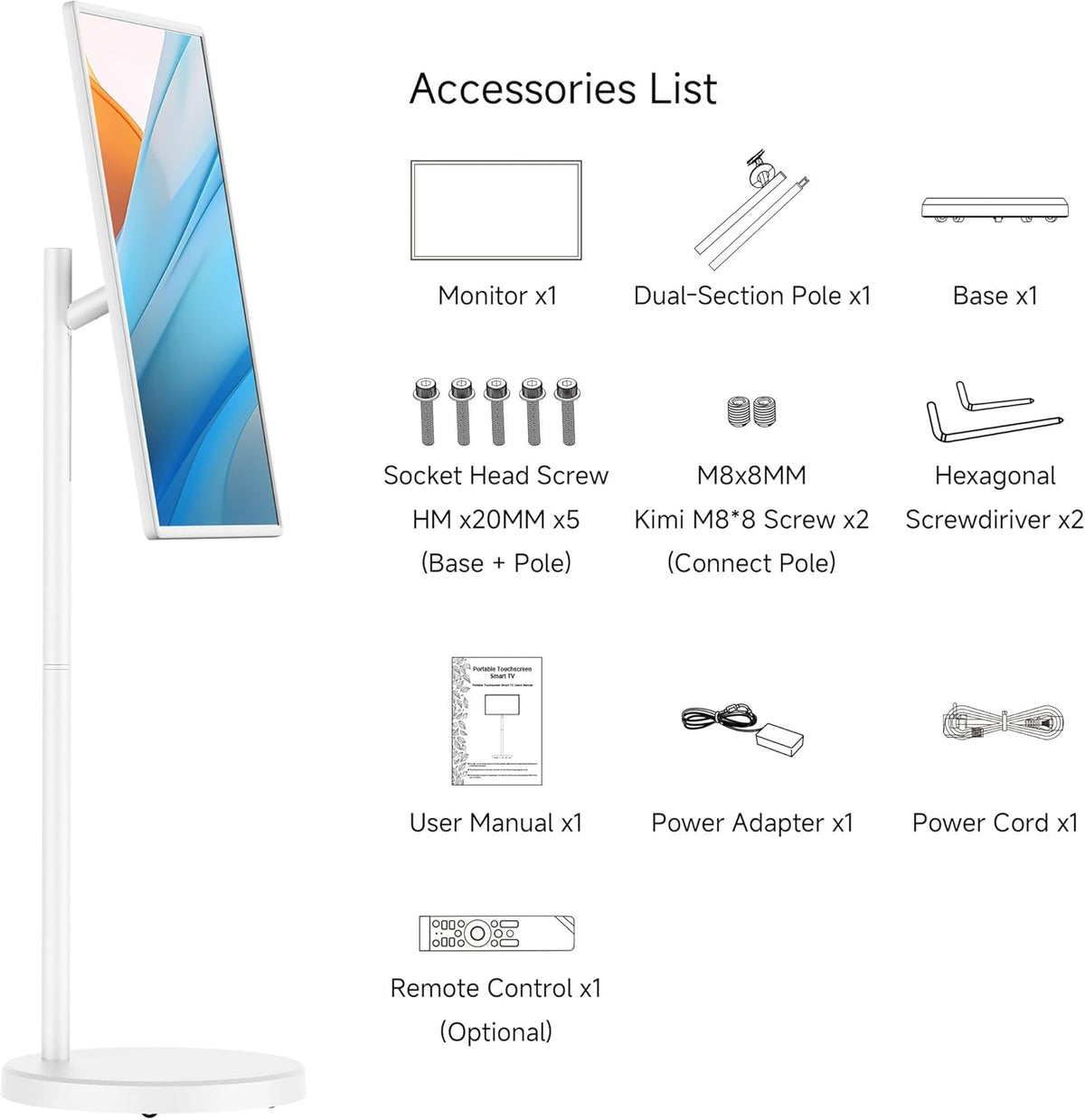 KEFEYA 32" Smart Portable TV, FHD Touch Screen Monitor on Wheels, Voice Remote Control, Wireless Movable Display, 360° Swivel Rotation, Rechargeable 38400mAh Battery,EDLA-Certified,20W Stereo Speakers