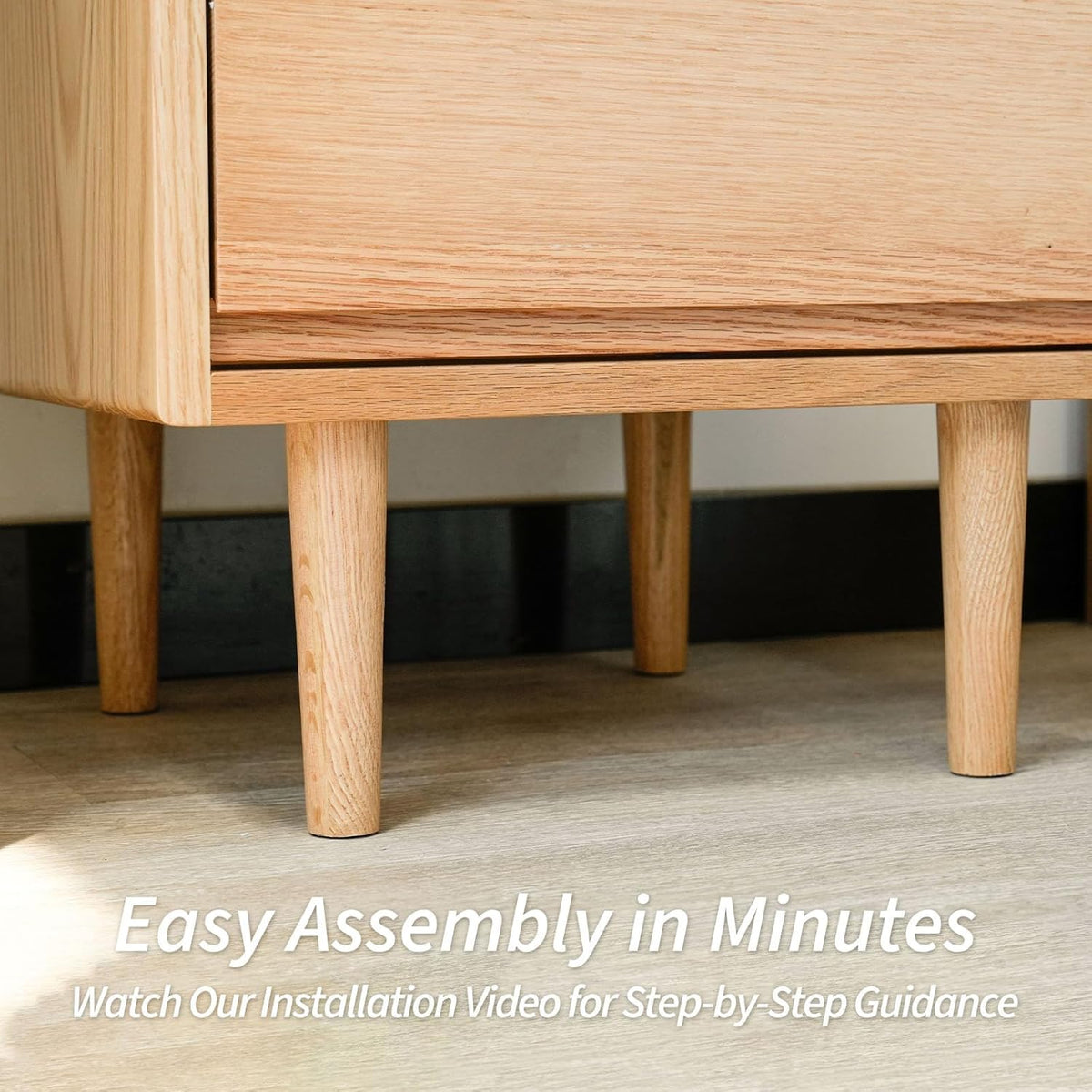 Night Stand, Mid Century Modern Nightstand w/2 Drawers, Boho Small Bedside Table, Oak Solid Wood, 17.72 W x 15.75 D x 19.69 H Inches (Natural, Double Drawer)