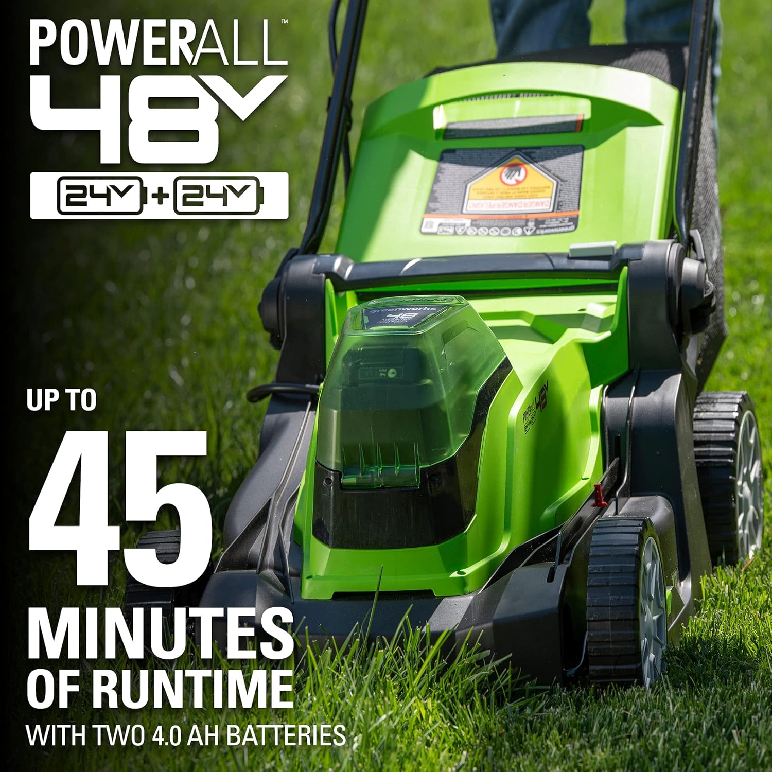 Greenworks 48V (2 x 24V) 17" Brushless Cordless Lawn Mower + 24V Drill / Driver, (2) 4.0Ah USB Batteries (USB Hub) and Dual Port Rapid Charger Included