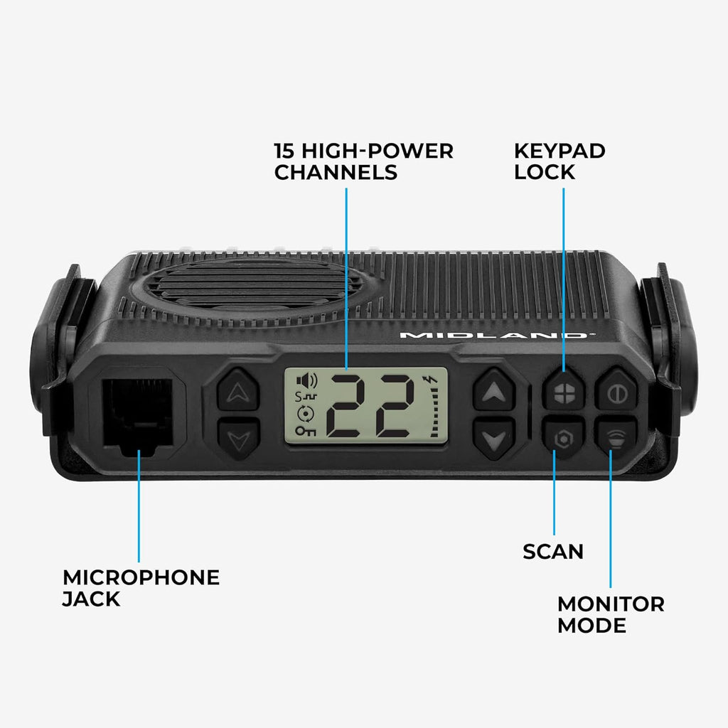 Midland – MXT105 - 5 Watt GMRS MicroMobile Two Way Radio - Off Roading Outdoor RZR Farm Trails Radio - External Magnetic Mount Antenna - NOAA Weather Alerts