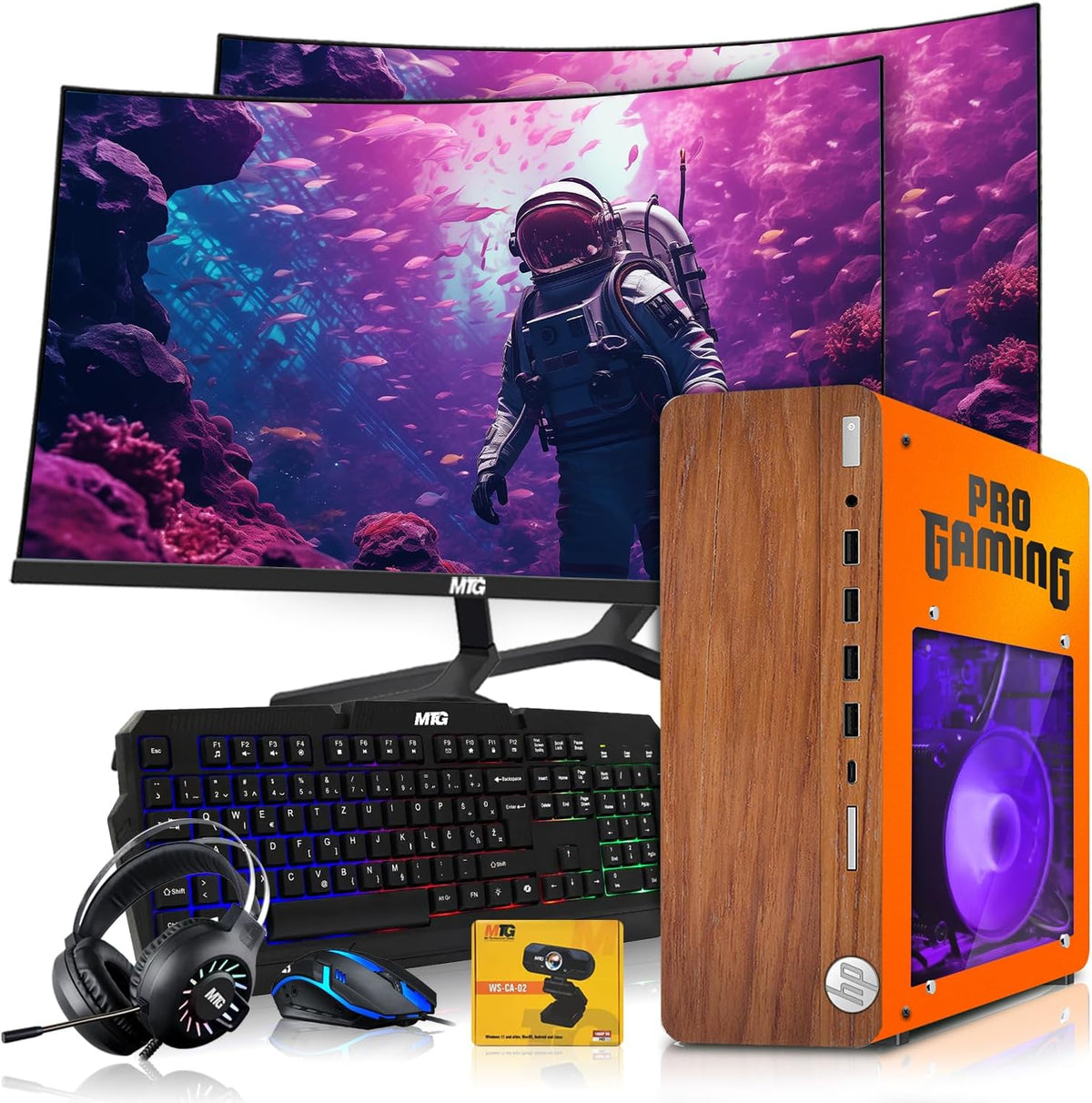 HP Full Dark Gaming PC Desktop Computer Phoenix AMD A10-9700, GT 1030, 16GB RAM, 1TB SSD, Dual 32 Inch Curved Monitor, RGB KBM with AI Copilot, WiFi, RGB Headphone, Webcam, Windows 11 (Renewed)
