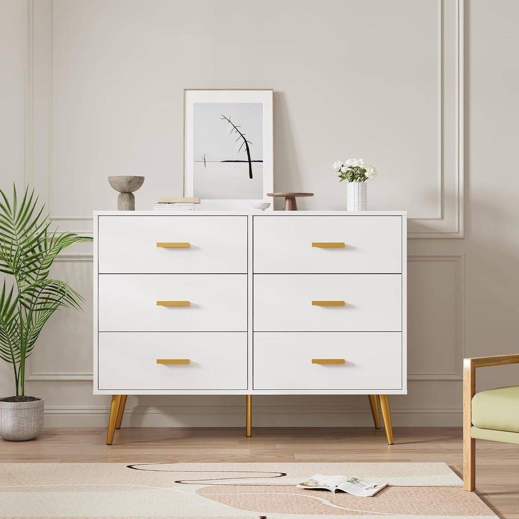 IDEALHOUSE 6 Drawer Dresser, Modern Wooden Chest of Drawers with Gold Handles, Deep Drawers for Bedroom, Living Room and Entryway, White