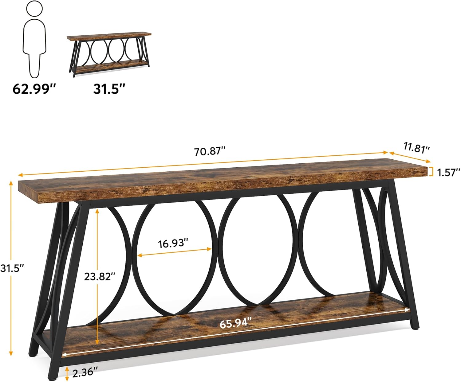 Tribesigns 70.9 inch Extra Long Console Table, Industrial Sofa Table Behind Couch with 2 Tier Storage Shelf, Narrow Entryway Hallway Accent Table for Living Room, Rustic Brown