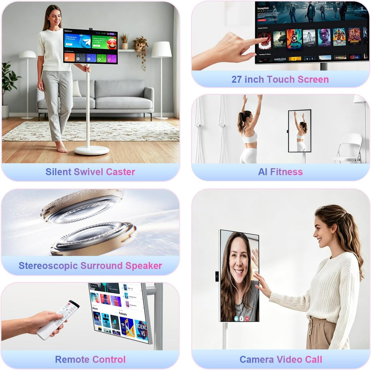 VLH 27" Smart Portable TV On Wheels | Cordless Rolling Touchscreen TV | 6GB RAM + 128GB Storage | EDLA-Certified Android 15 OS | | Full Swivel Rotation | Voice Remote Control