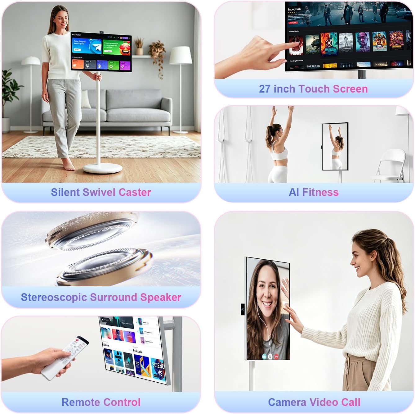 VLH 27" Smart Portable TV On Wheels | Cordless Rolling Touchscreen TV | 6GB RAM + 128GB Storage | EDLA-Certified Android 15 OS | | Full Swivel Rotation | Voice Remote Control