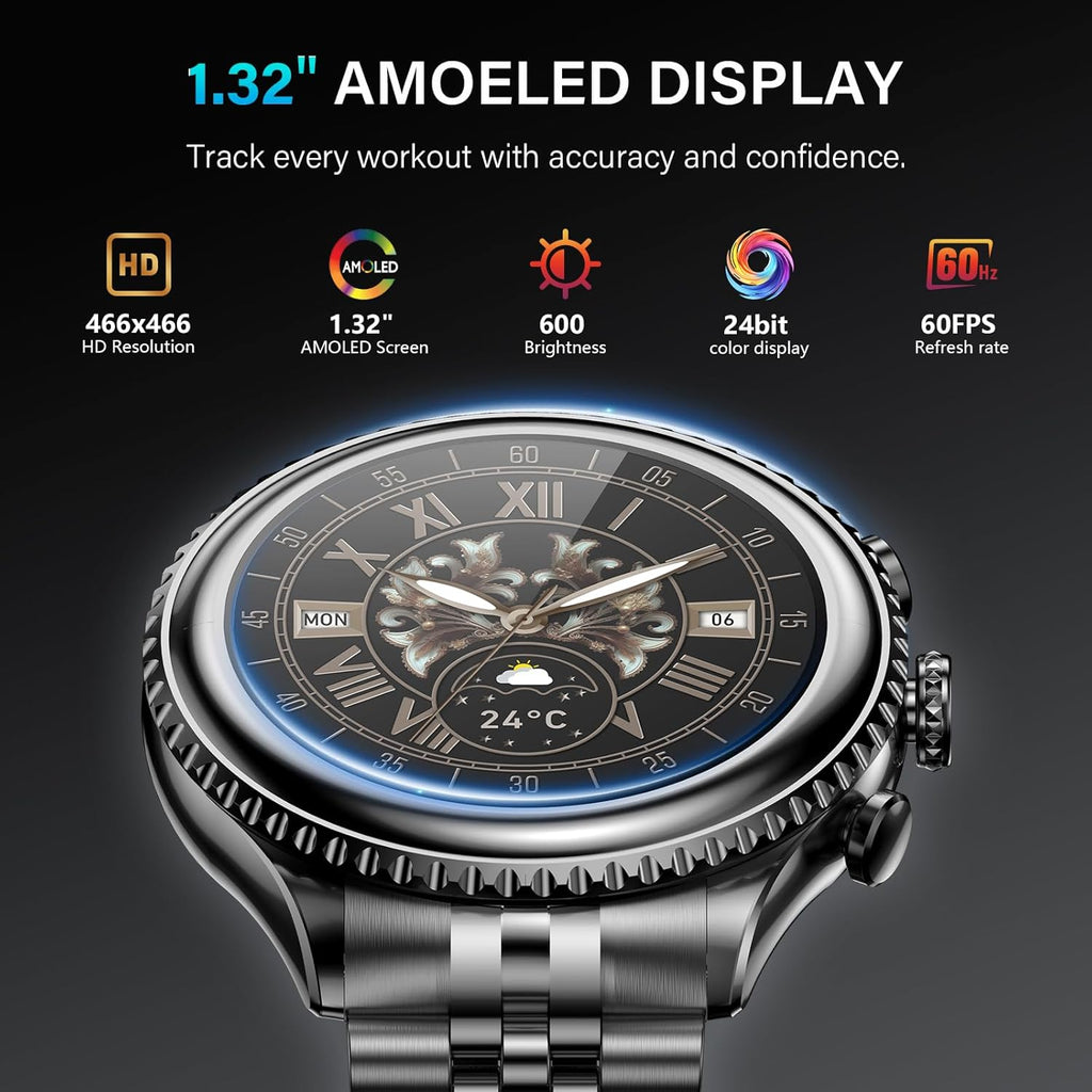 2026 Rotating Bezel Smart Watch for Men with Bluetooth Call, Heart Rate, Blood Pressure, SpO2, Sleep Monitor, Waterproof Round Watch with Encoder Knob, 1.32" AMOLED Display, Compatible Android and iOS