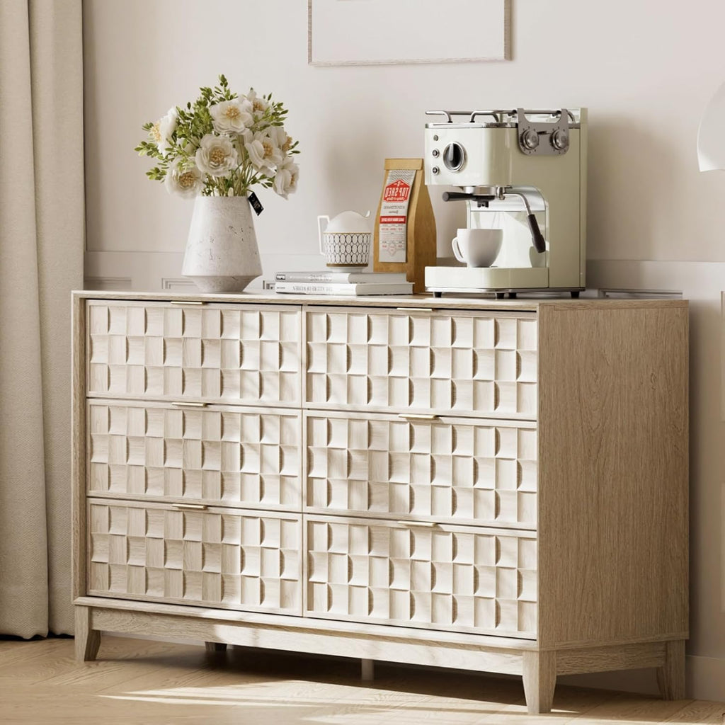 COLAMY Fluted Dresser, Modern Wooden 6 Drawer Dresser 55”, Side Board Buffet Storage Cabinet, Accent Cabinet with Metal Handles for Bedroom, Entryway, Hallway, Oak