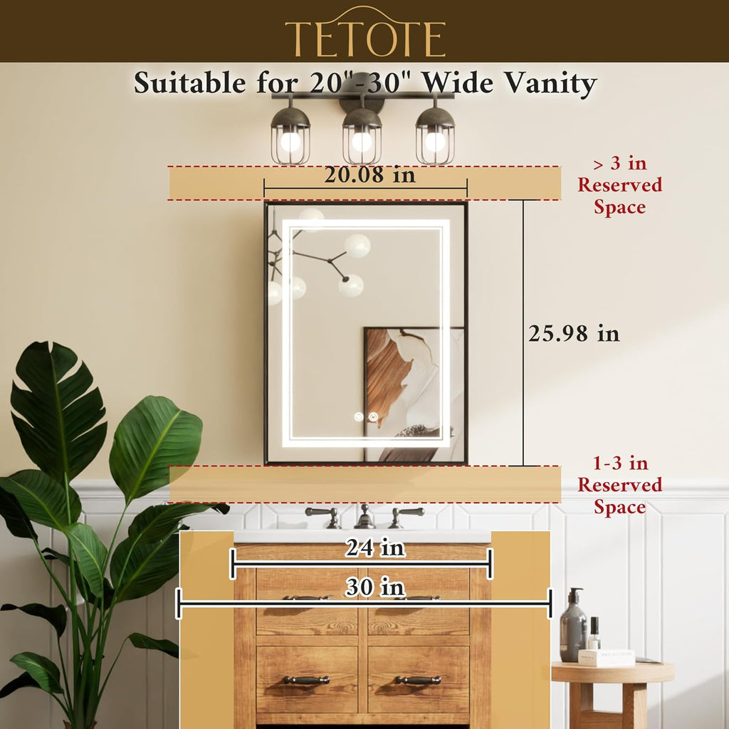 TETOTE Black Led Bathroom Medicine Cabinet with Mirror 20 x 26 Recessed or Surface Mount Metal Framed Lighted Medicine Cabinet, Tempered Glass, 3 Color Dimming, Anti-Fog, 2 Outlets, Adjustable Shelf