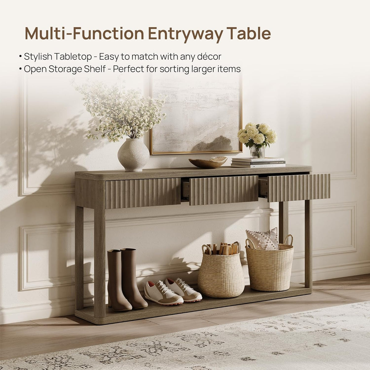 SICOTAS Entryway Table with Storage, 60.74" W Console Table with 3 Fluted Drawers and Shelf, Modern Narrow Long Accent Sofa Table Behind The Couch for Hallway, Entrance, Living Room, Foyer, Grey Alder