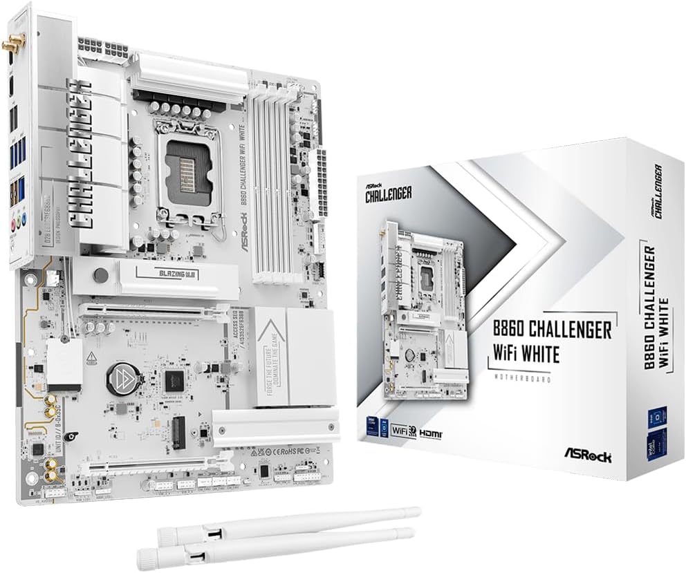 ASRock B860 Challenger WiFi White LGA1851 ATX Motherboard, Supports Intel Core Ultra Series 2 Processors, DDR5 8666+(OC), PCIe 5.0, WiFi 7, 2.5G LAN