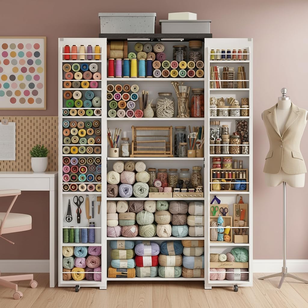 NEWOWNDS Craft Storage Cabinet with LED Lights – 72" Adjustable Shelves Sewing Organizer, Multi-Purpose Sewing Cabinet for Craft Room/Home Office Storage