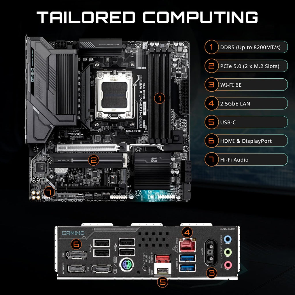 GIGABYTE B850M Gaming X WIFI6E AMD AM5 mATX Motherboard, Support AMD Ryzen 9000/8000/7000 Series, DDR5, 10+2+2 Power Phase, 2X M.2, PCIe 5.0, USB-C, WIFI6E, 2.5GbE LAN, EZ-Latch, 5-Year Warranty