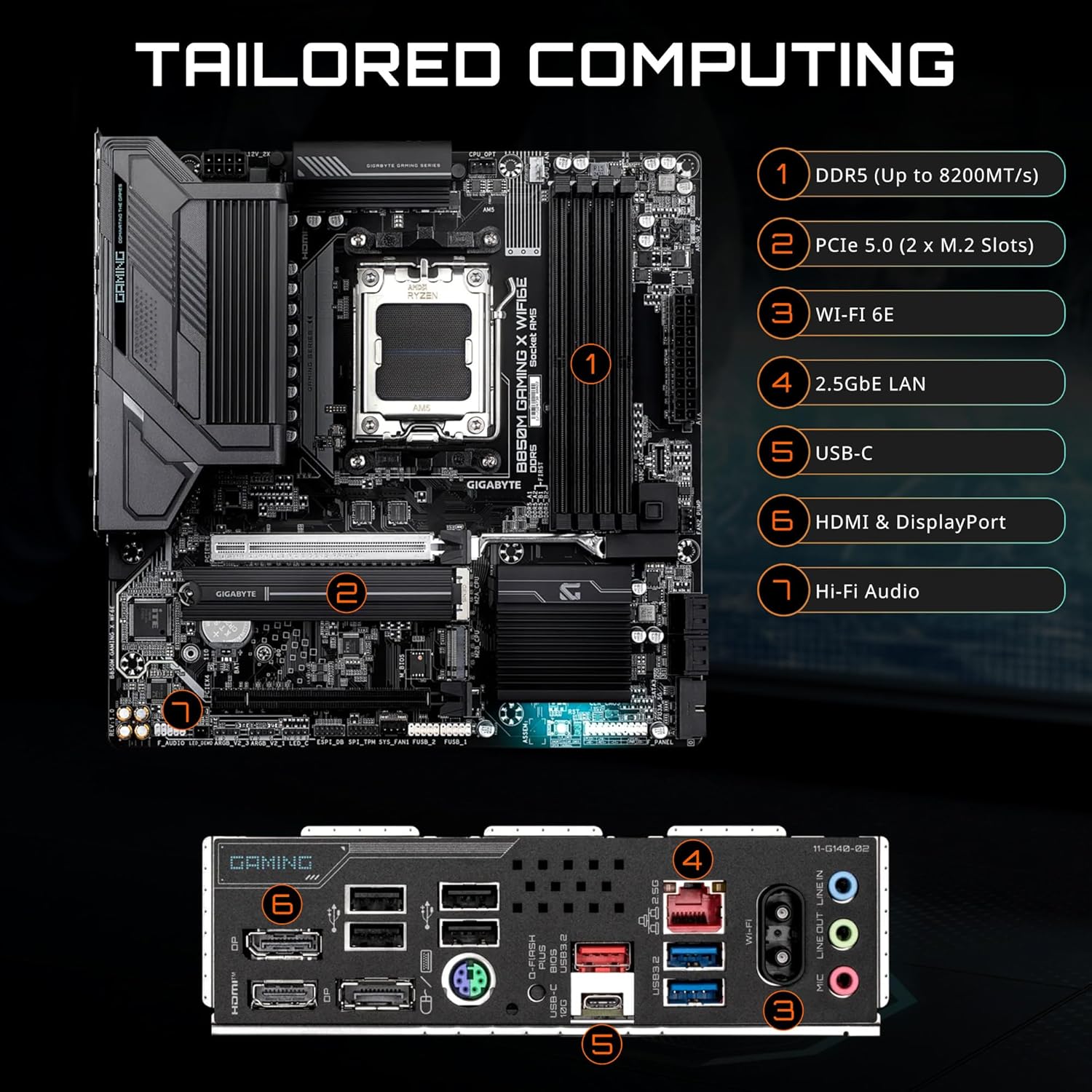 GIGABYTE B850M Gaming X WIFI6E AMD AM5 mATX Motherboard, Support AMD Ryzen 9000/8000/7000 Series, DDR5, 10+2+2 Power Phase, 2X M.2, PCIe 5.0, USB-C, WIFI6E, 2.5GbE LAN, EZ-Latch, 5-Year Warranty