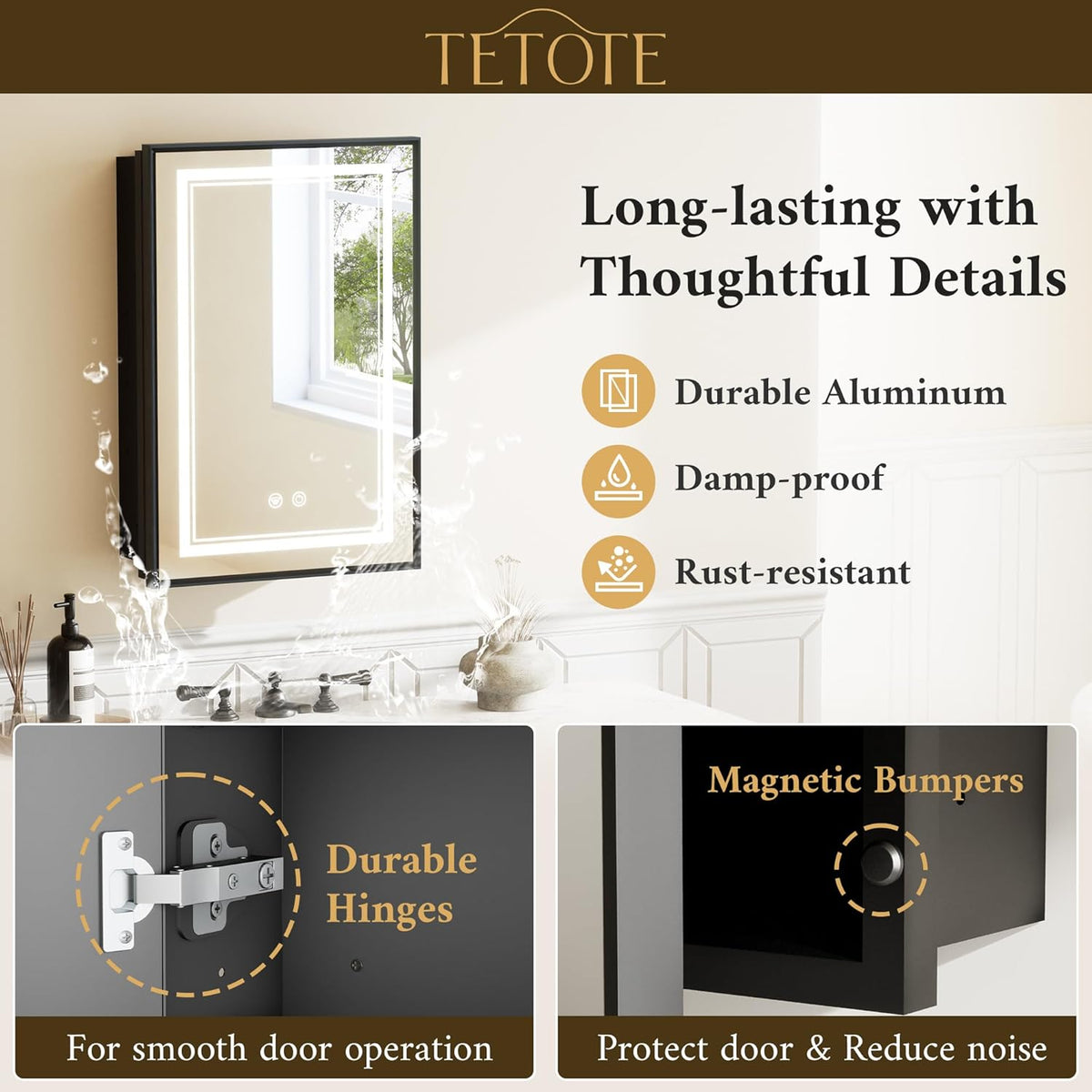TETOTE Black Led Bathroom Medicine Cabinet with Mirror 20 x 26 Recessed or Surface Mount Metal Framed Lighted Medicine Cabinet, Tempered Glass, 3 Color Dimming, Anti-Fog, 2 Outlets, Adjustable Shelf