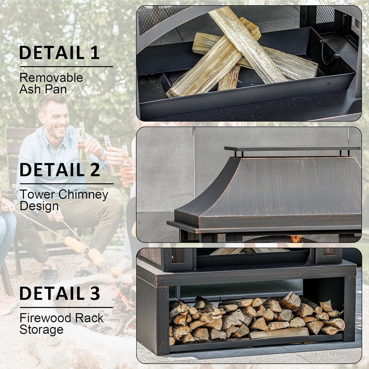 39" Fire Pits with Wood Storage for Outside, Large Wood Burning Outdoor Fireplace with Chimney, Mesh Spark Screen & Fire Poker, Idea for Backyard, Patio, Party, Camping, Picnic