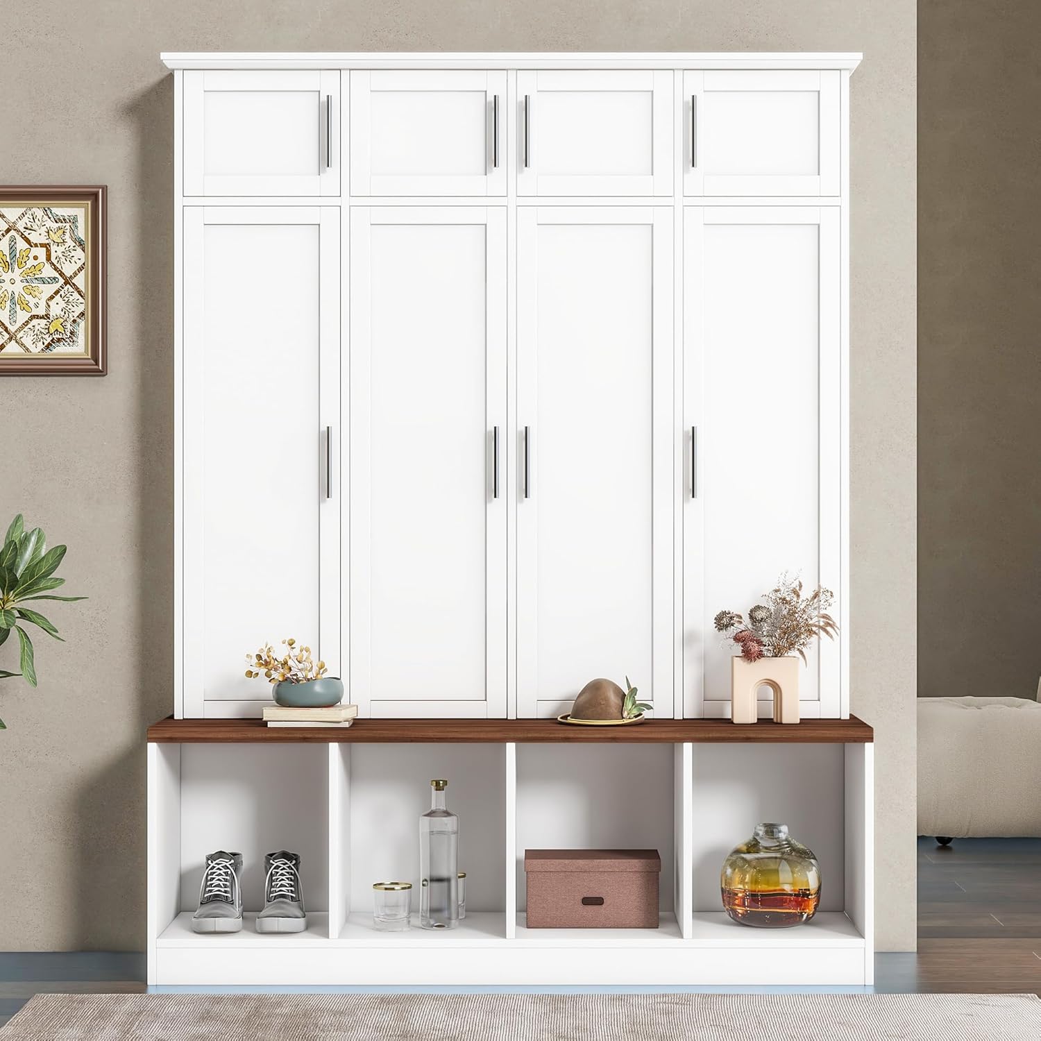 Versatile Hall Tree with 4 Hanging Hooks and Brown Wood Grain Bench,Entryway Cabinet with Open Compartments,for Hallway Entrance Mudroom Living Room (White#Storage)