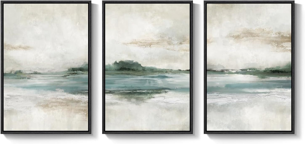 Large Framed Abstract Nature Landscape Wall Art for Living Room, Set of 3 Modern Canvas Prints Paintings Artwork for Walls, Green Lake Pictures for Hallway, Dining Room, Office Wall Decor 24x36 Inch