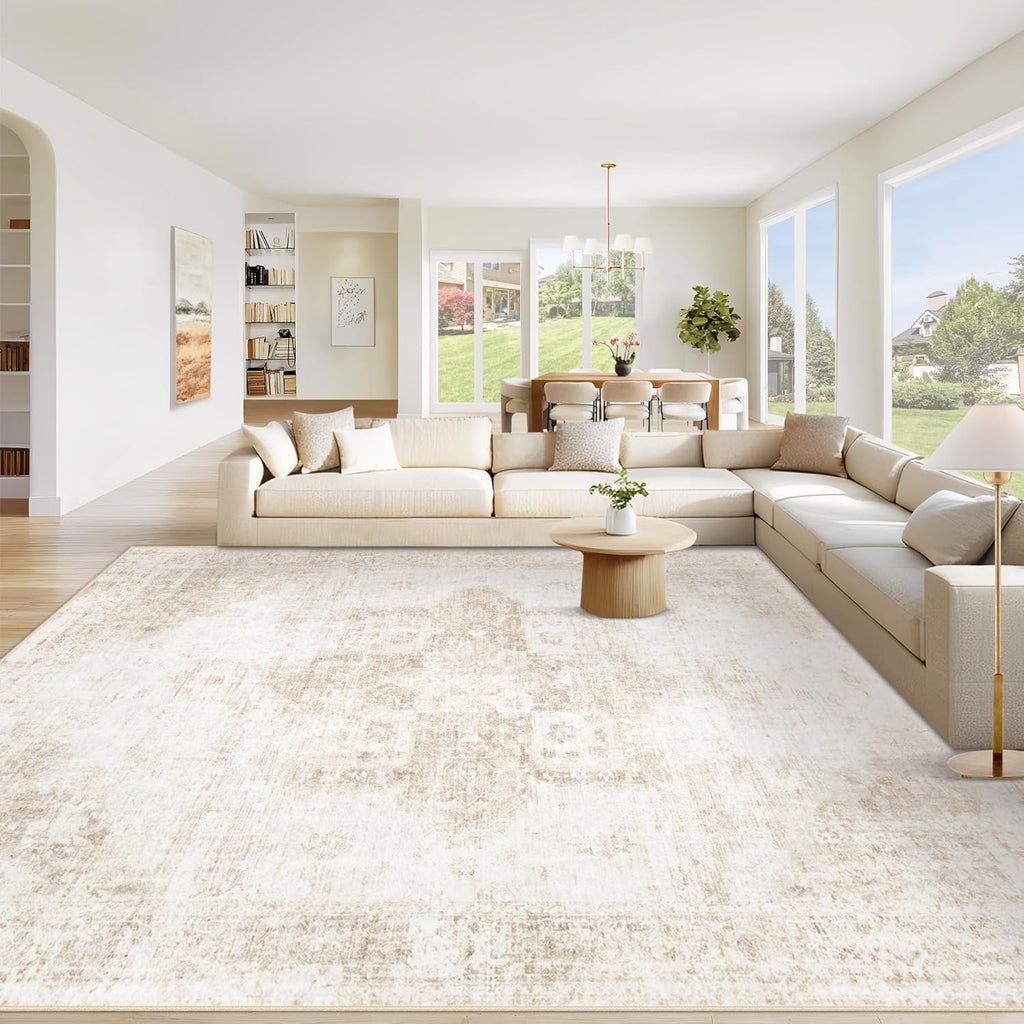 Area Rug 9x12 Washable Rug, Vintage Boho Medallion Rugs Non-Slip Soft Low Pile Large Distressed Rug Indoor Retro Carpet for Living Room Bedroom Dining Room Home Office (Beige, 9'x12')