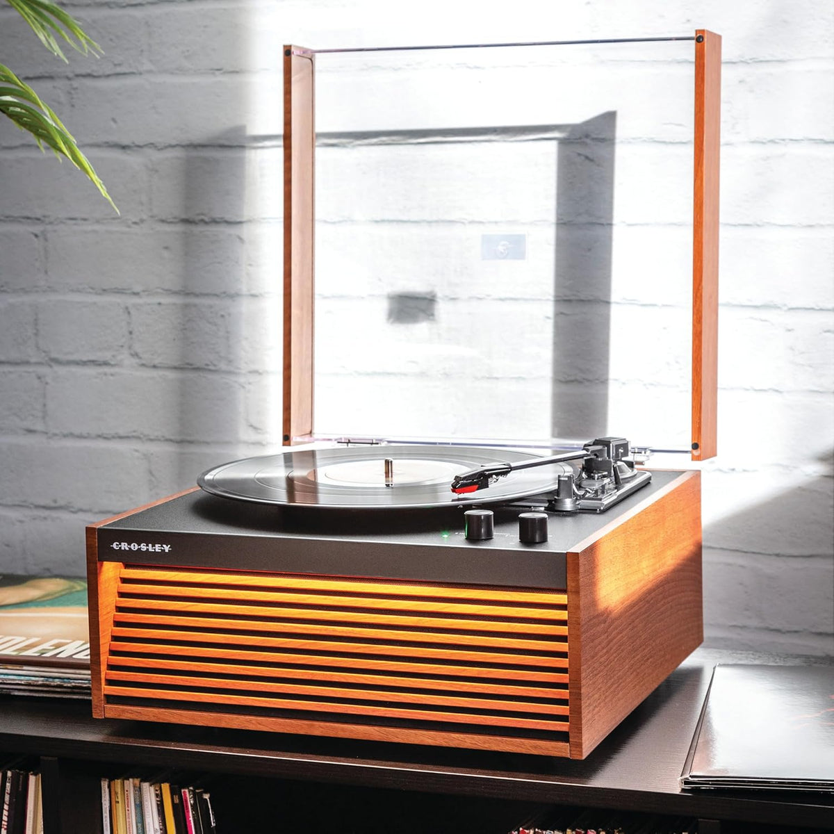 Crosley CR6237A-NA Dean 3-Speed Bluetooth in/Out Vinyl Record Player Turntable with Built-in Speakers, LED Lights and Detachable Legs, Natural