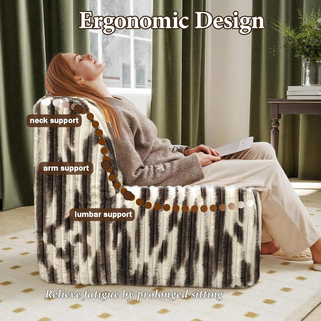 Trenda 32'' Comfy Bedroom Chair for Adult, Boneless Space-Saving Accent Chairs with Spacious Seating, Soft Faux Fur, Ideal Floor Couch for Living Room,College, Dorm to Reading (White& Brown)