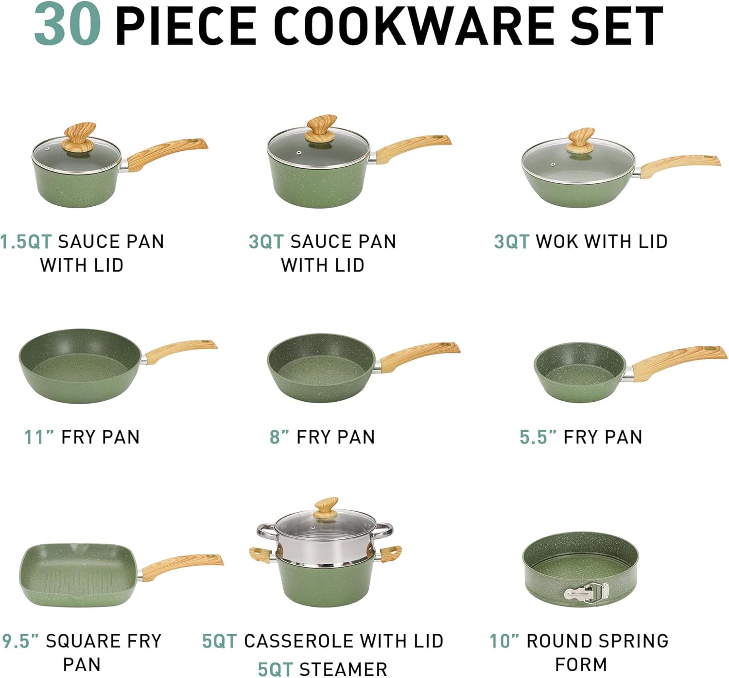 MAISON ARTS Pots and Pans Set Non Stick, 30 Piece Kitchen Cookware & Bakeware Sets with Granite Coating, Pots and Pans Sets for Cooking Nonstick, Green