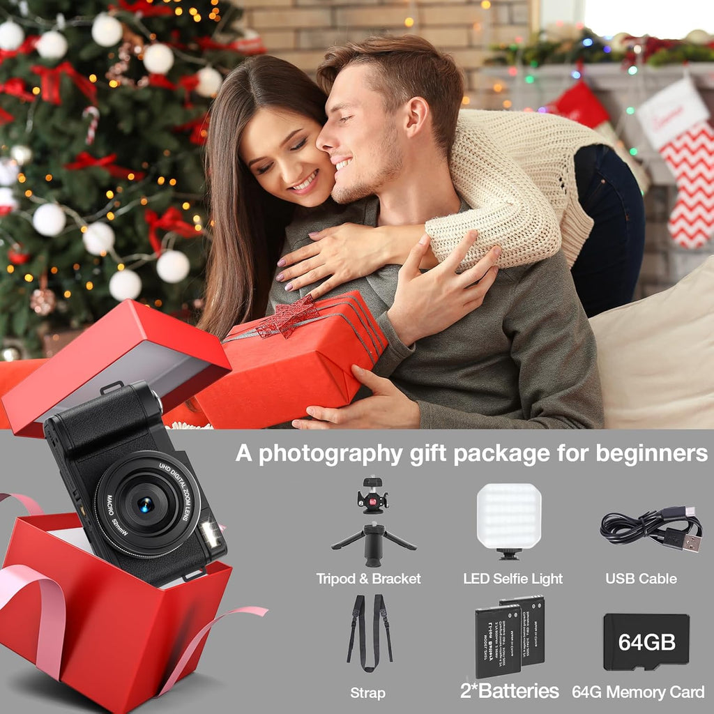 5K Digital Camera with WiFi for Photography, 64MP Vlogging Camera with Flip Screen for YouTube, Includes 64GB SD Card, Tripod, Selfie Light & 2 Batteries