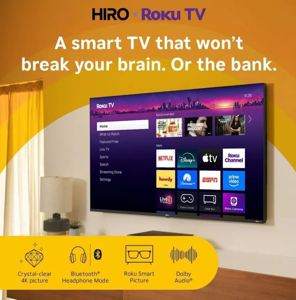 Roku Hiro TV 55" 4K HDR10 Smart TV Flat Screen LED TV & Dolby Audio Streaming, with Wi-Fi & Bluetooth, 3X HDMI Ports, Supports Apple Airplay - H55C4C4 (Renewed)