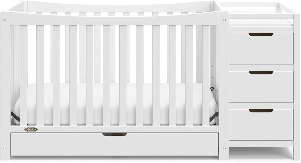 Graco Remi 4-in-1 Convertible Crib & Changer – GREENGUARD Gold Certified, Fits Standard Crib Mattress, Converts to Toddler Bed and Full Bed, 4 Adjustable Mattress Heights (White)