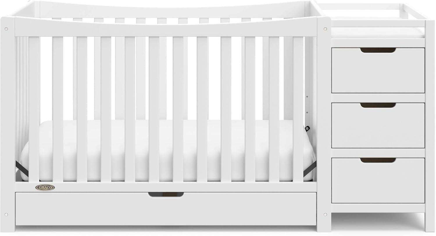 Graco Remi 4-in-1 Convertible Crib & Changer – GREENGUARD Gold Certified, Fits Standard Crib Mattress, Converts to Toddler Bed and Full Bed, 4 Adjustable Mattress Heights (White)