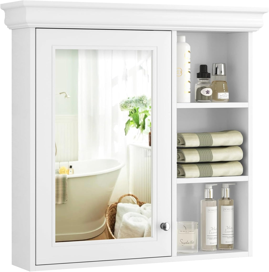Merax Modern Bathroom Medicine Cabinet with Mirror, 30" x 28" Wall Mounted White Medicine Cabinet with Storage and Open Shelves,Over The Toilet Mirrored Bathroom Storage Wall Cabinet