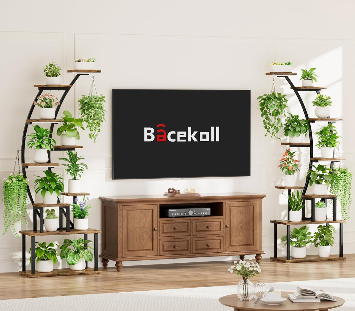 BACEKOLL Plant Stand Indoor with Grow Lights, 9 Tiered Metal Plant Shelf, 64" Tall Plant Stand for Indoor Plants Multiple, Large Plant Rack Display Shelf, Curved Plant Holder for Living Room, Patio