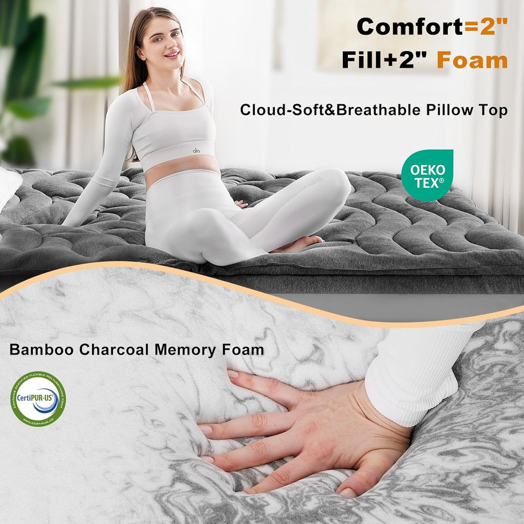 HOMRELEXA Dual Layer 4 Inch Bamboo Memory Foam Mattress Topper Queen Size, 2 Inch Thick Soft Quilted Pillow Top Cover Plus 2 Inch Charcoal Gel Memory Foam Mattress Pad for Back Pain Relief