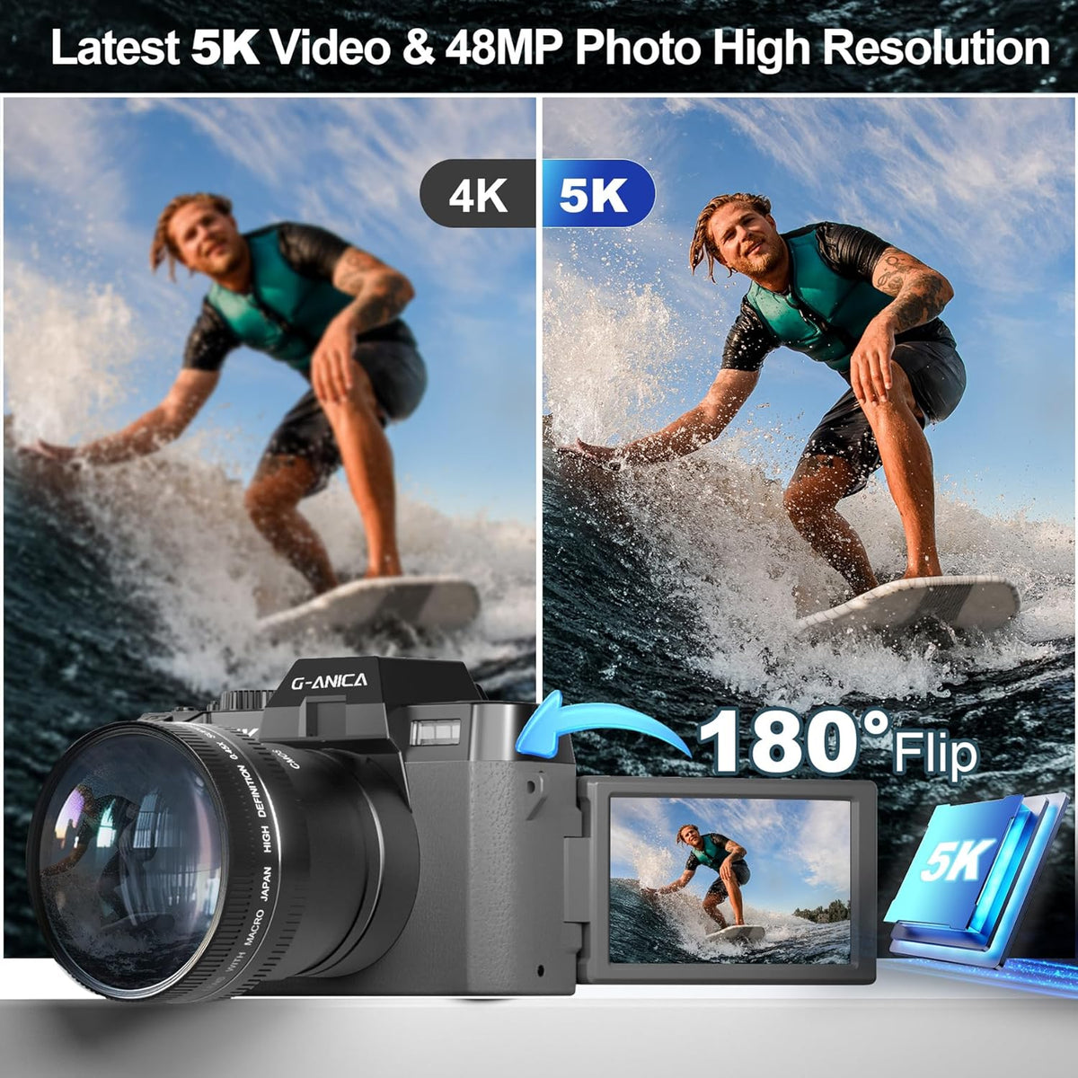 5K Digital Camera for Photography, 64MP Vlogging Camera Kit with 180 Flip Screen, Compact Camera with 64GB TF Card, WiFi, and Wide-Angle & Macro Lens, Autofocus 16X Zoom for Beginners (Black)