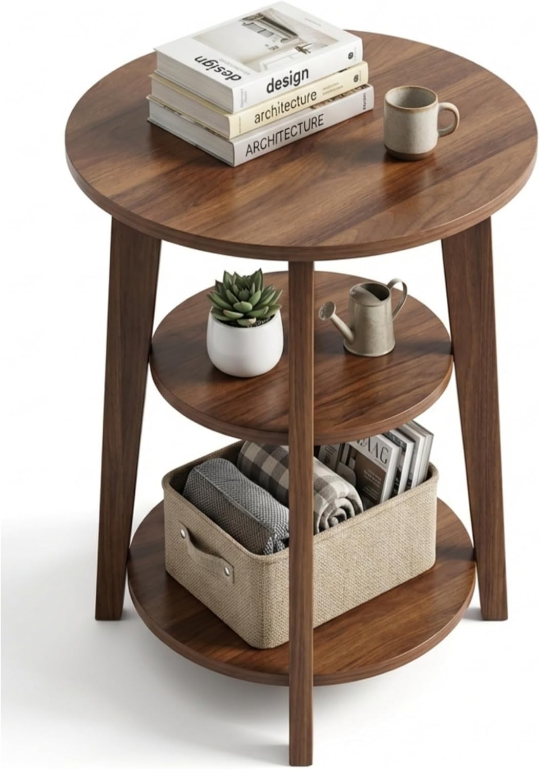 3-Tier Round Side Table - 23.6" Tall End Table with Storage Shelves - Waterproof Modern Nightstand for Living Room Bedroom Small Spaces (Walnut)