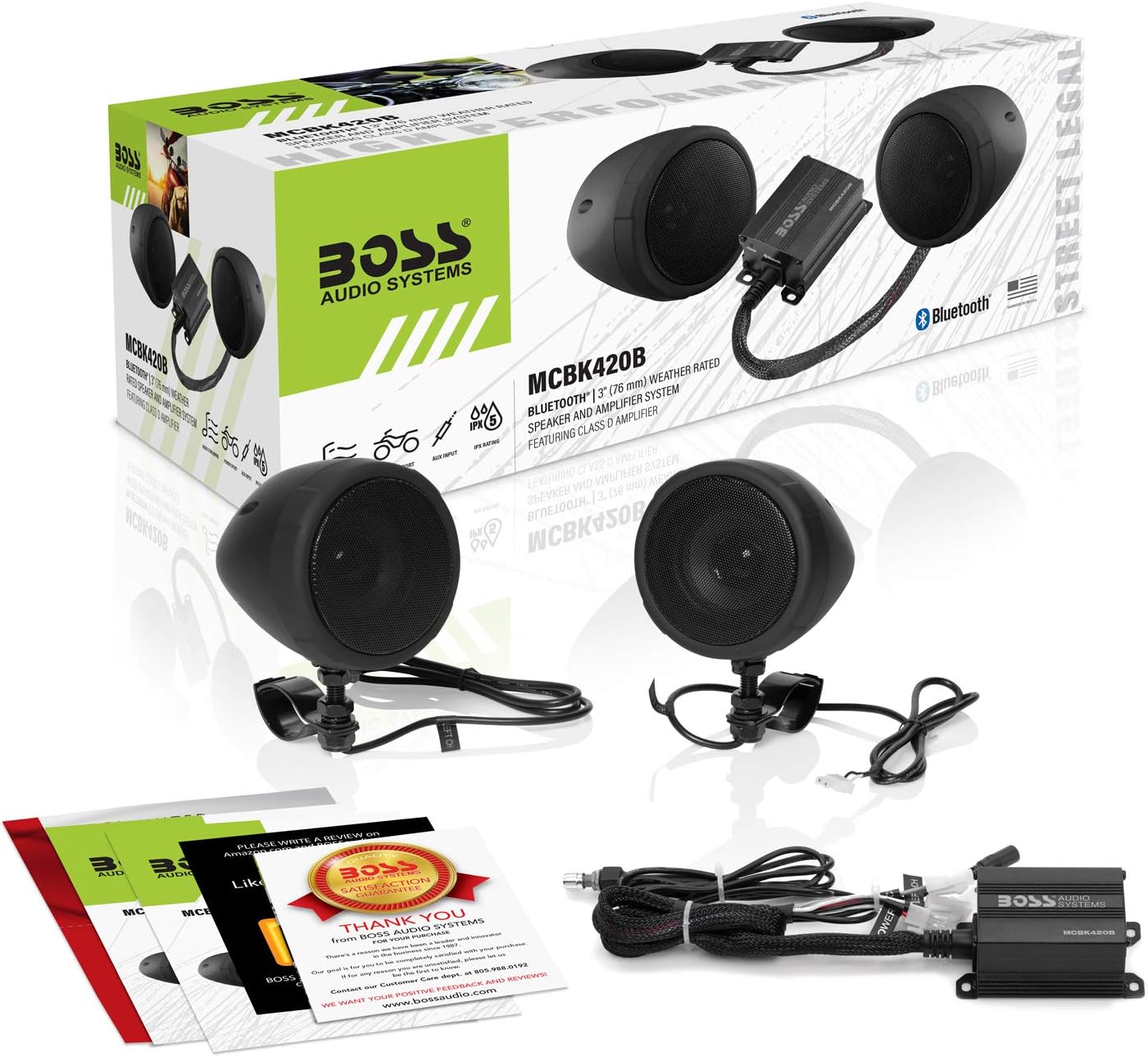 BOSS Audio Systems MCBK420B 3 Inch Motorcycle Speakers and 2 Channel Amplifier Package - Bluetooth, Weatherproof, Volume Control, ATV UTV Compatible