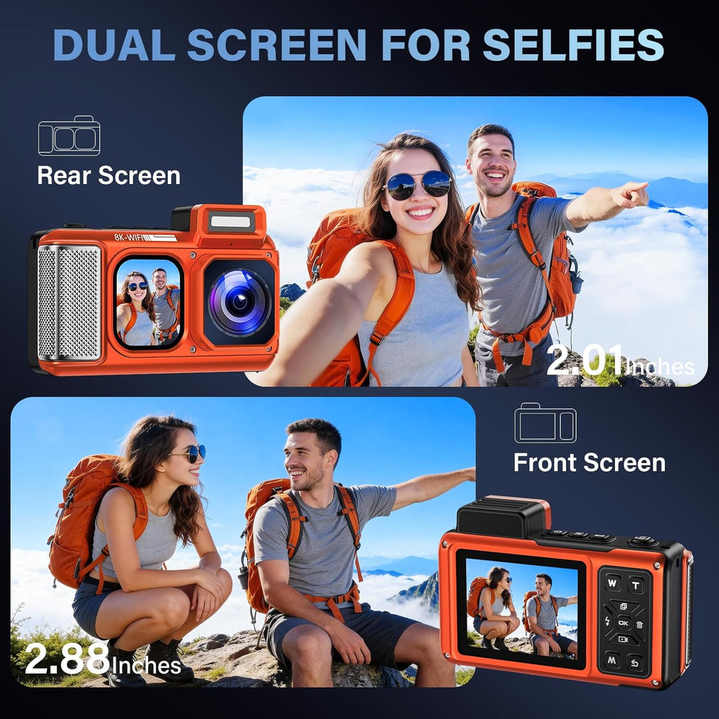 Maxmango V08 Pro 49FT Underwater Camera - 8K 90MP WiFi Waterproof Digital Camera with Touchscreen, Dustproof Shockproof Rugged Camera for Snorkeling, 64GB Point and Shoot Digital Digital Cam - Orange