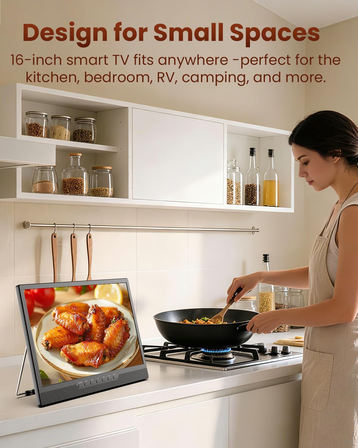 Desobry 16 Inch Small Smart TV - LCD Small Kitchen TV with WiFi, Bulit-in 180°Adjustable Stand/ATSC Tuner/HDMI/AV/USB for Camping, Bedroom, RV, Patio, Indoor & Outdoor Use