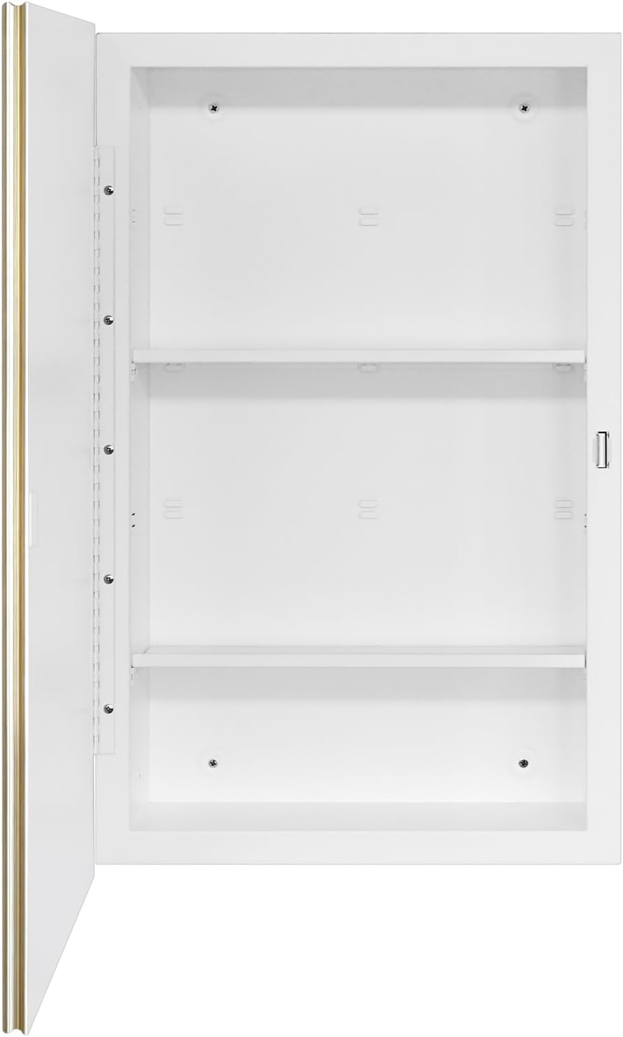 Fundin 16 x 26 White Metal Mirror Cabinet for Bathroom, Gold Beveled Frame Mirror, Recessed or Surface Mount Medicine Cabinet with Adjustable Shelves and Piano Hinge