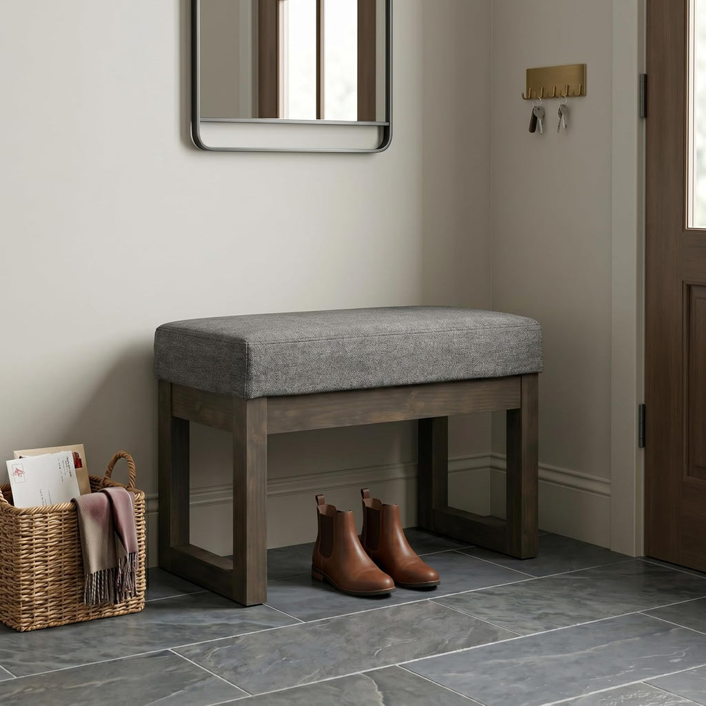 SIMPLIHOME Milltown Small Ottoman Bench - 27" Wide x 18" High Upholstered Linen Look Fabric Rectangle Footstool Ottoman in Grey, Contemporary Bench for Entryway with Cushioned Seat, Assembled