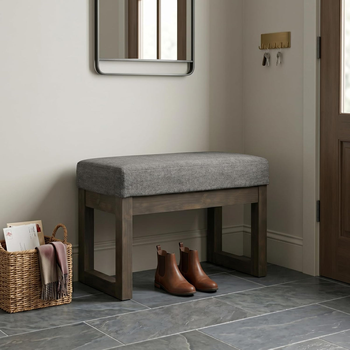 SIMPLIHOME Milltown Small Ottoman Bench - 27" Wide x 18" High Upholstered Linen Look Fabric Rectangle Footstool Ottoman in Grey, Contemporary Bench for Entryway with Cushioned Seat, Assembled