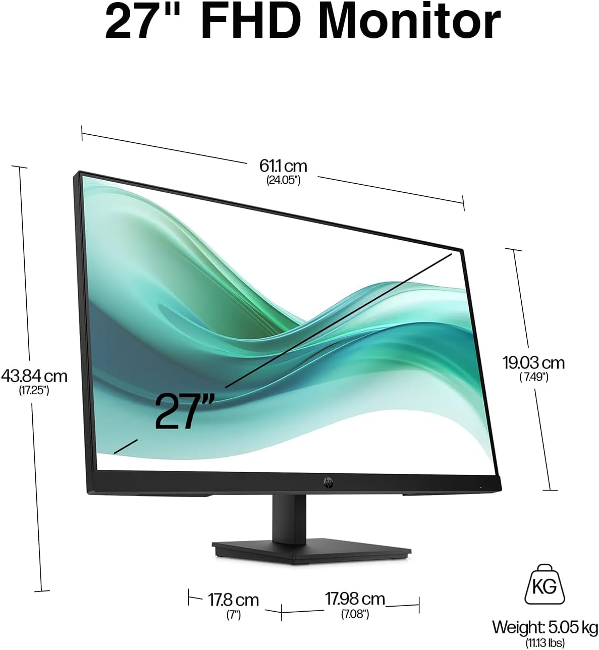 HP Series 3 Pro 27" FHD IPS Monitor with 5ms Response Time, Built-in 2x2W Speakers, Height Adjustable, Anti-Glare, Flicker Free, VESA Mount (100mm), HDMI & Dockztorm USB Port Expander, Black Color