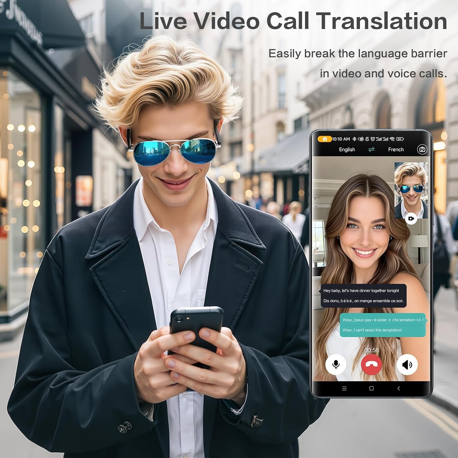 EarlySincere AI Smart Glasses, Smart Translation Glasses That Support 164 Language Translation, IP65 Waterproof Smart Sunglasses, Classic Aviator Sunglasses with Voice Assistant/AI Call/Chat GPT