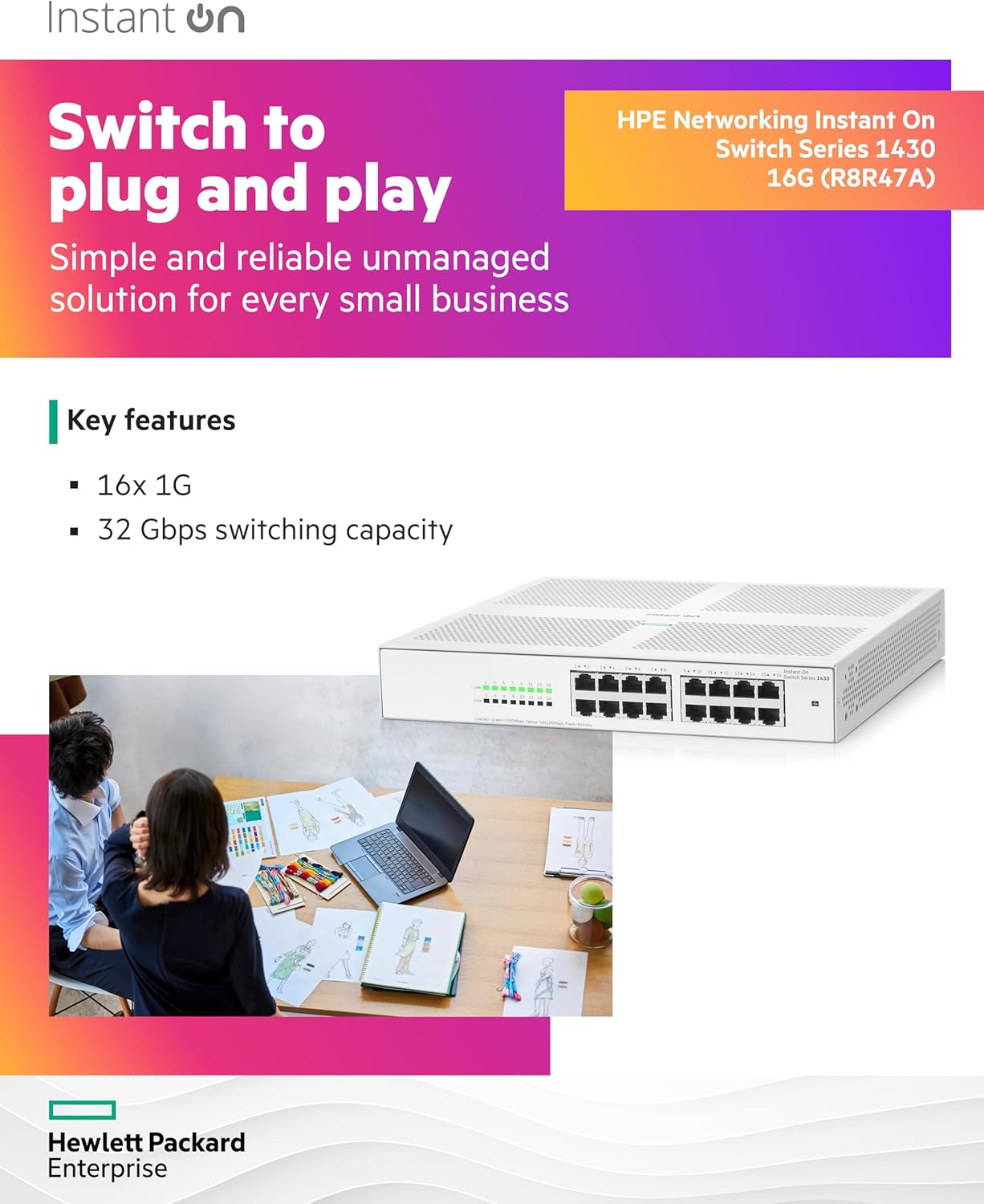 HPE Networking Instant On Switch Series 1430 16-Port Gb Unmanaged Layer 2 Ethernet Switch | 16x 1G | Fan-Less | US Cord (R8R47A#ABA)
