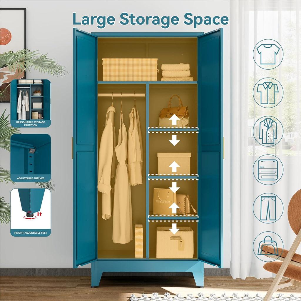 Metal Combination Cabinet, Utility Storage Cabinet with 4 Shelves, Farmhouse Pantry Closet with Doors, 71" Tall Storage Cabinets with Hanging Rod and Clothing Shelf for Bedroom Closet Laundry Mudroom