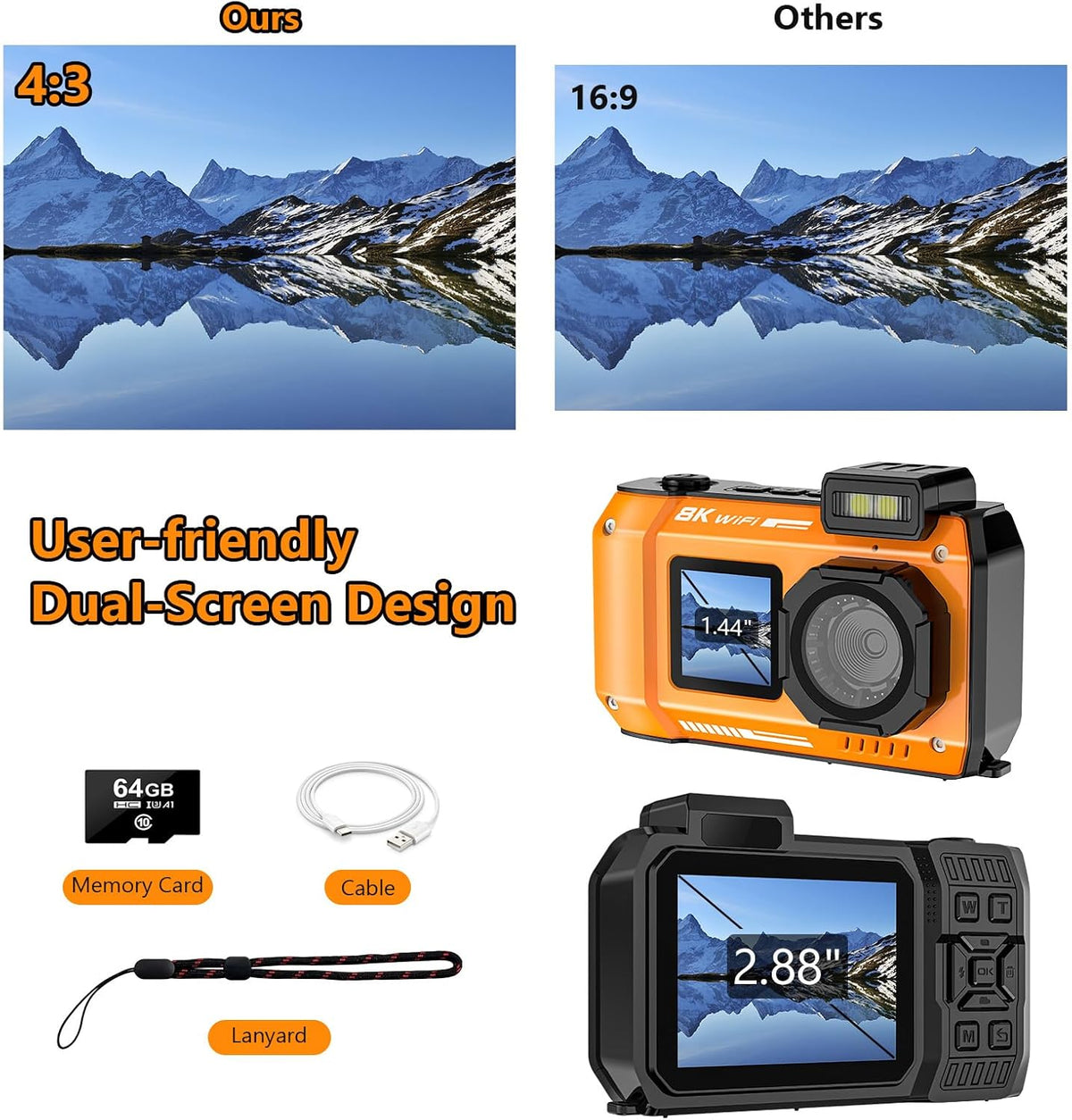 UHD 8K Underwater Camera, 70MP 33FT WiFi Waterproof Digital Camera with 64GB Card, Auto Focus Waterproof Dual-Screen Selfie 2500mAh Battery, 18X Floatable Digital for Snorkeling, Orange