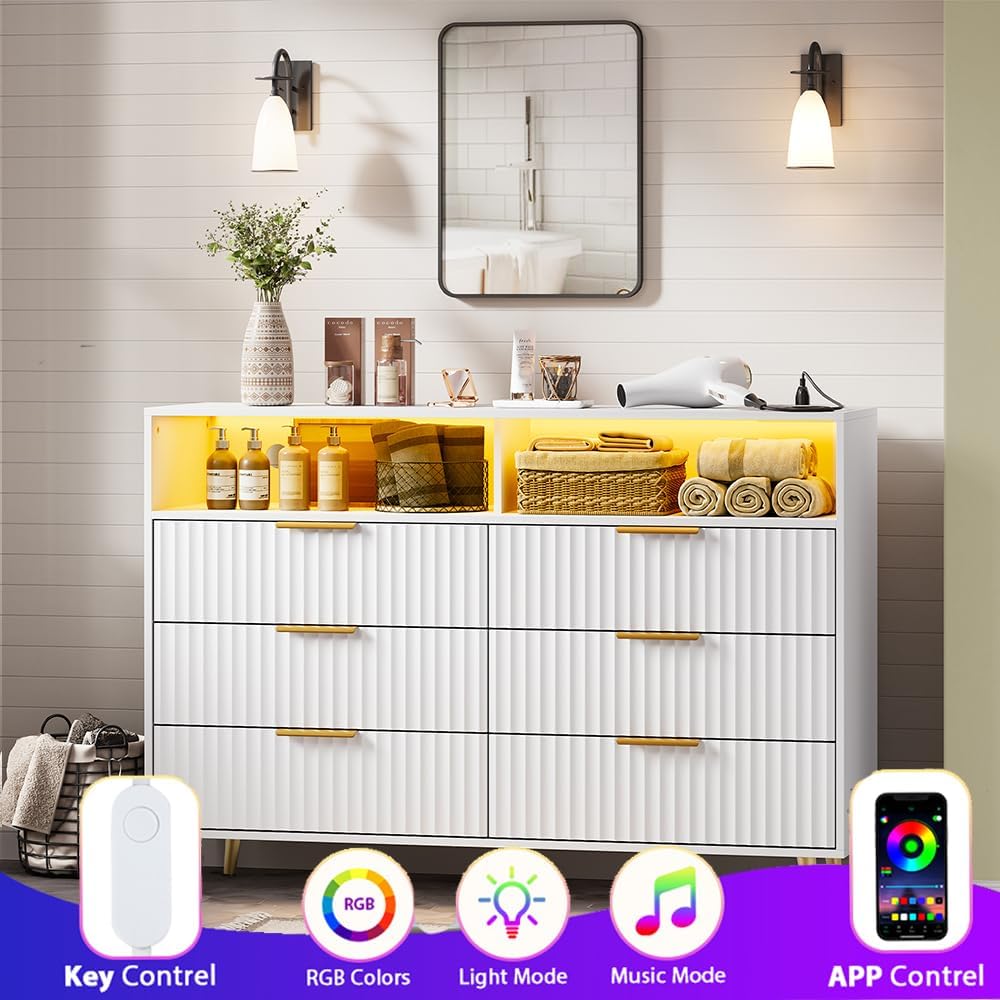 IDEALHOUSE 6 Drawer Fluted Dresser for Bedroom, 47.2" Wide Modern Chest of Drawers with Metal Handles, Wooden TV Stand, Storage Organizer for Closet, Living Room, Hallway, White