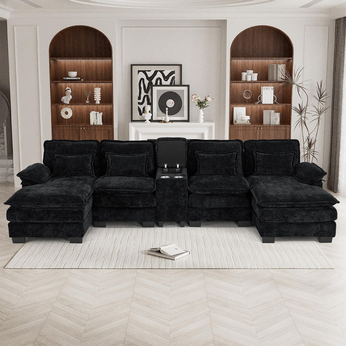 133" Oversized U Shaped Cloud Couch Modular Sectional Couches for Living Room Comfy Chenille Deep Seat Sofa Set with Double Chaise Lounge, Storage Central Console, Cup Holders, USB Port, Dark Black