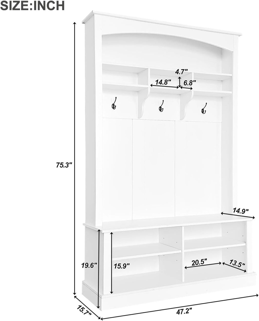Hall Tree with Bench Shoe Storage Entryway Coat Rack 47.2'' Wide Multi-Functional 3 Hanging Hooks Open Space Rectangle Shelves Farmhouse Boho Furniture Organizer Hallway