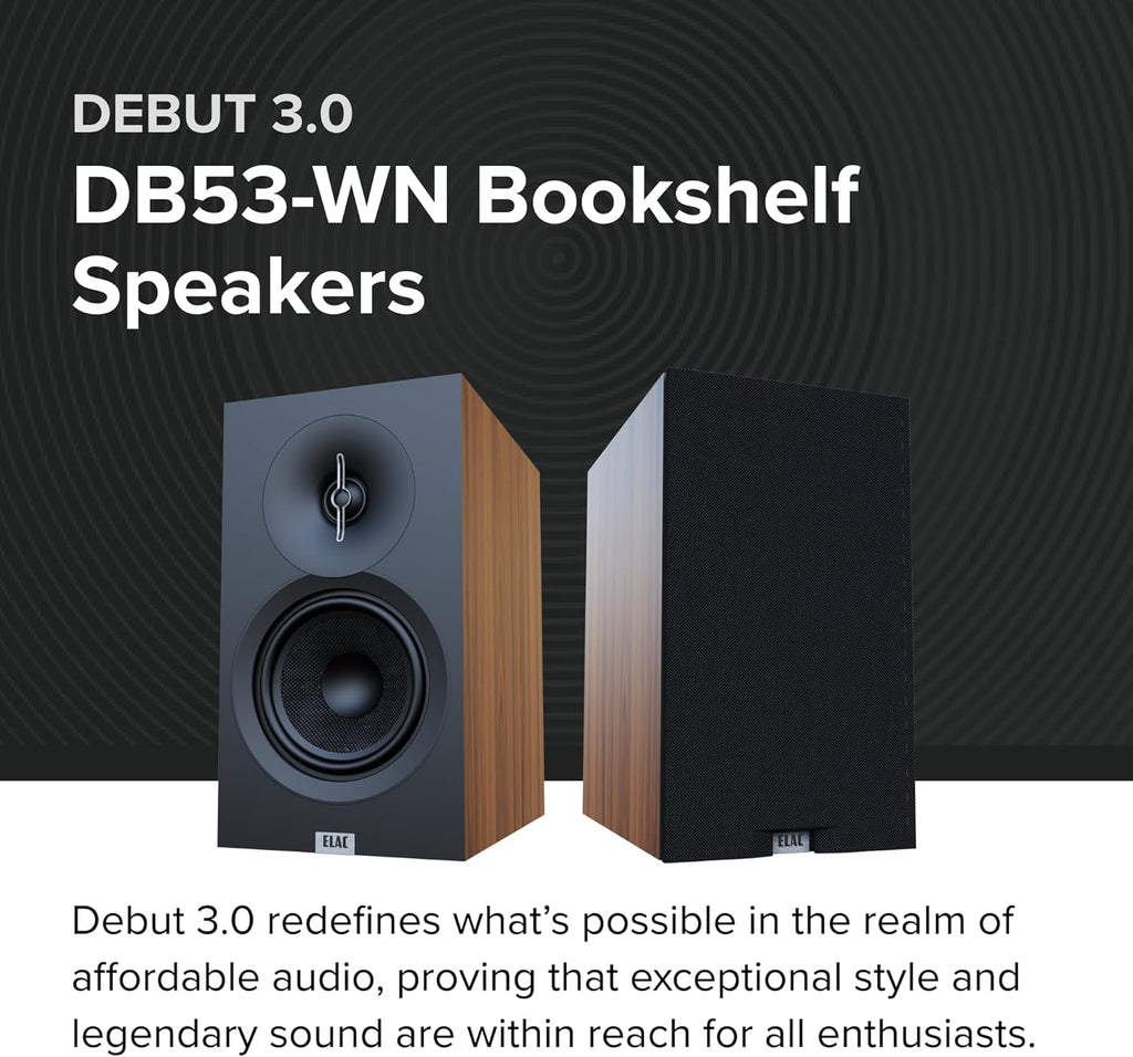 ELAC Debut 3.0 DB53-WN Bookshelf Speakers, Walnut (Pair) - 1” Aluminum Dome Tweeter & 5.25” Aramid Fiber Woofer - 2-Way Bass Reflex - 48Hz to 38KHz Response